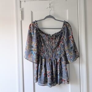 Chenault Smocked Floral Short Sleeve Blouse Sz. XL